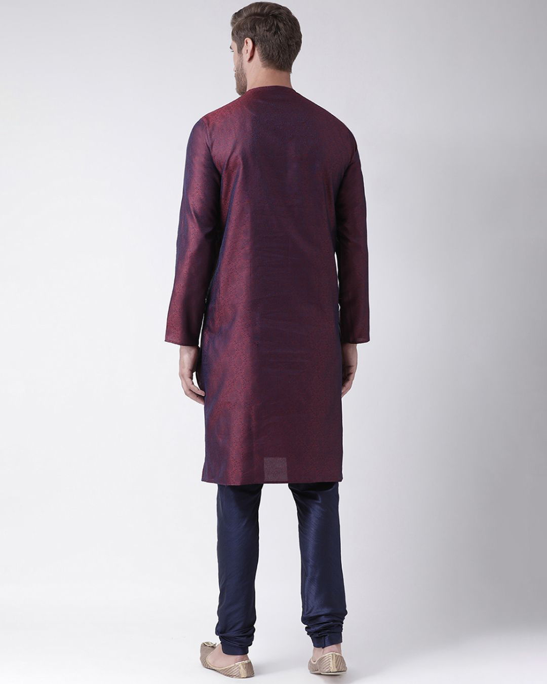 Shop Silk Blend Knee Length Maroon Color Full Sleeve Regular Fit Straight Kurta For Men-Back