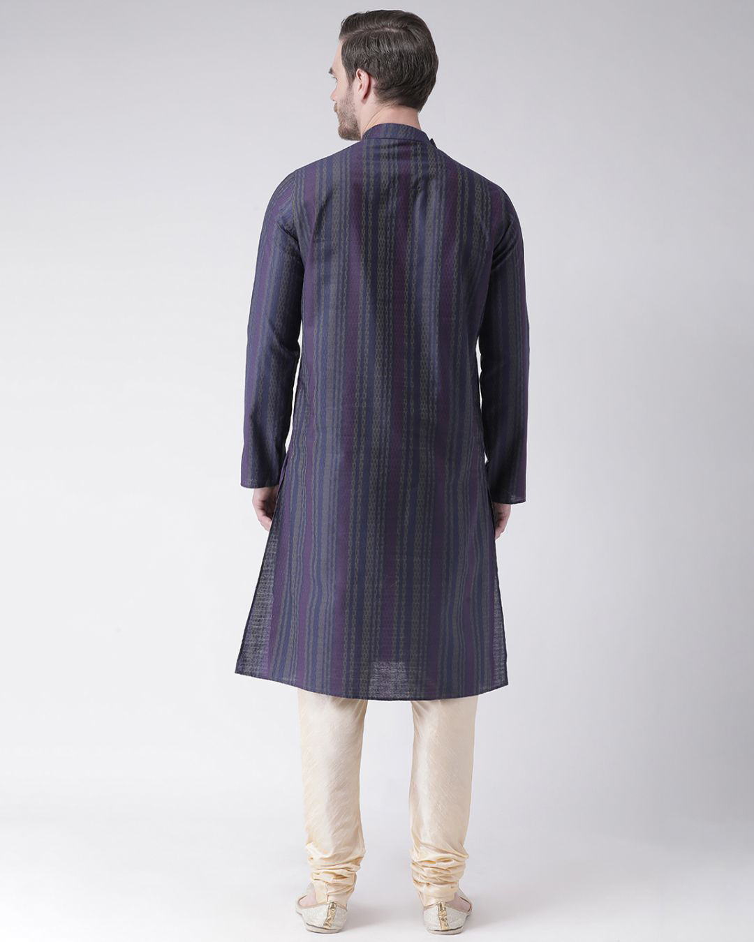 Shop Silk Blend Knee Length Navy Blue Color Full Sleeve Regular Fit Straight Kurta For Men-Back