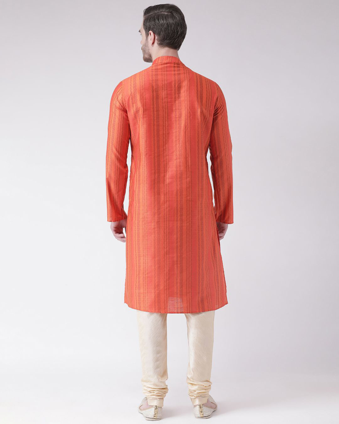 Shop Silk Blend Knee Length Orange Color Full Sleeve Regular Fit Straight Kurta For Men-Back