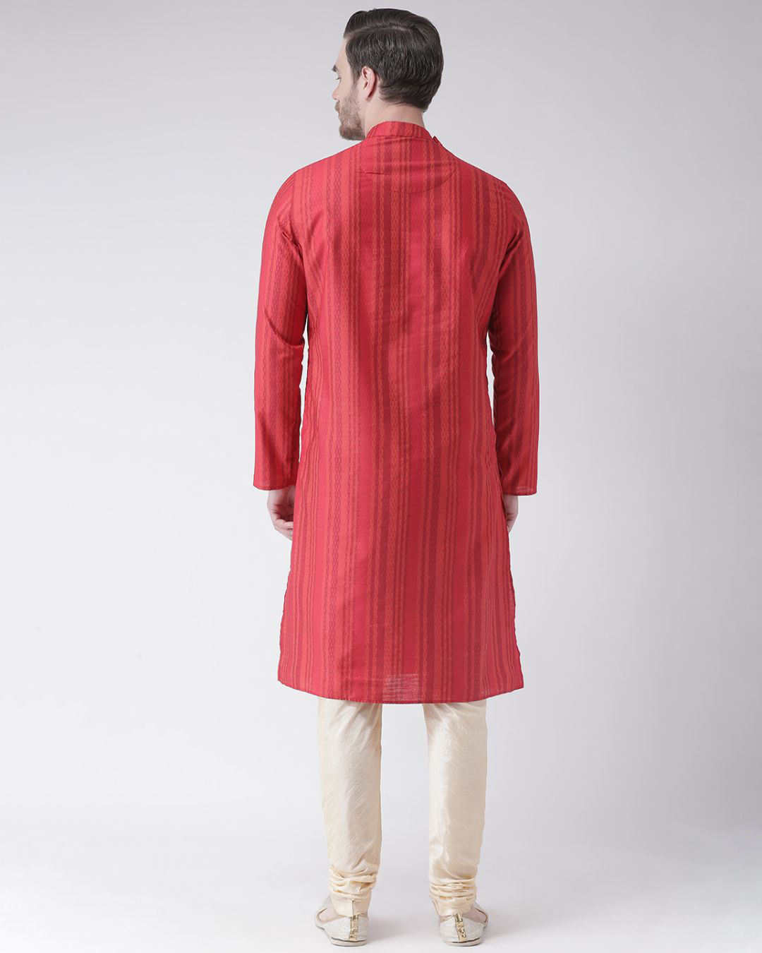 Shop Silk Blend Knee Length Red Color Full Sleeve Regular Fit Straight Kurta For Men-Back