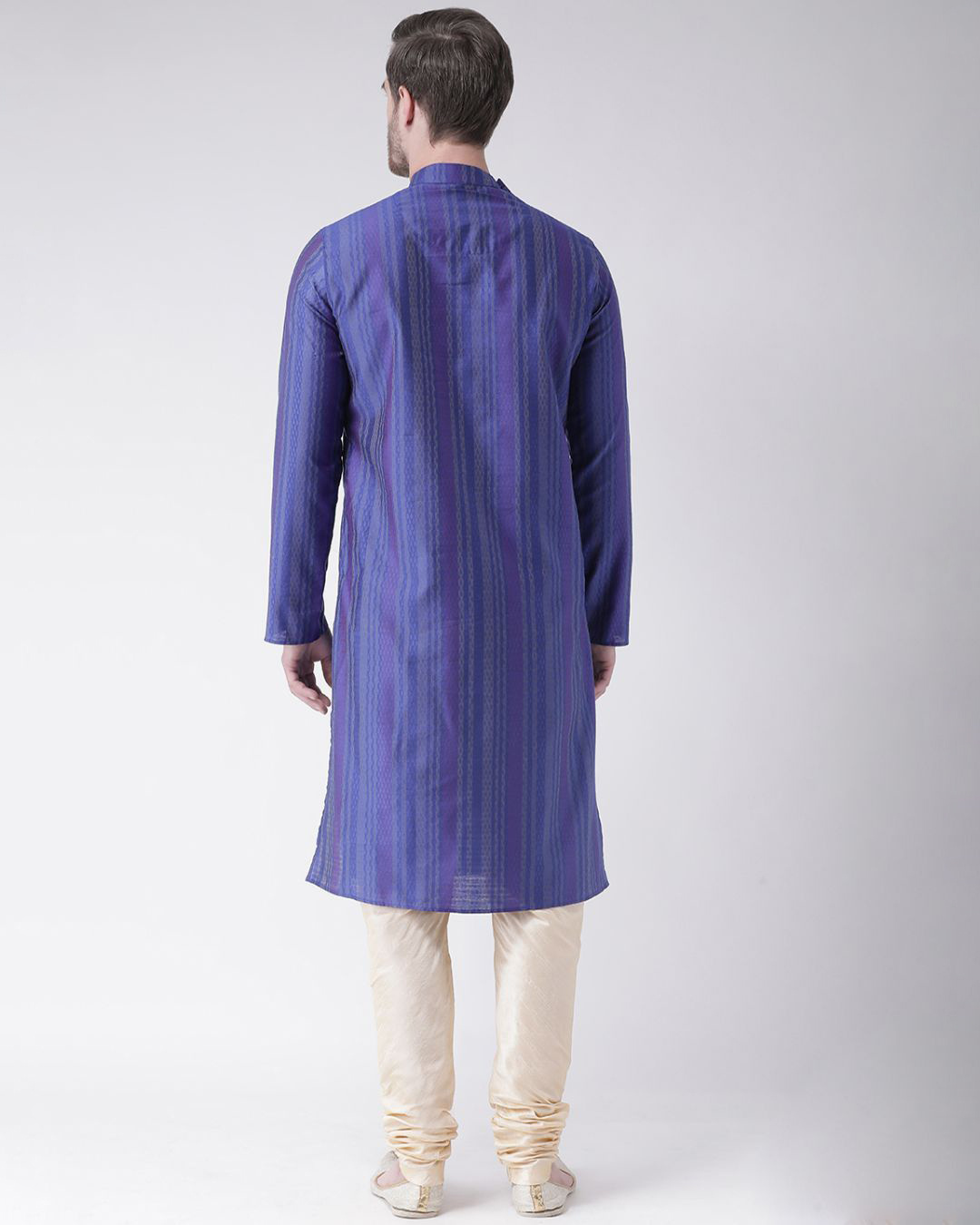 Shop Silk Blend Knee Length Royal Blue Color Full Sleeve Regular Fit Straight Kurta For Men-Back