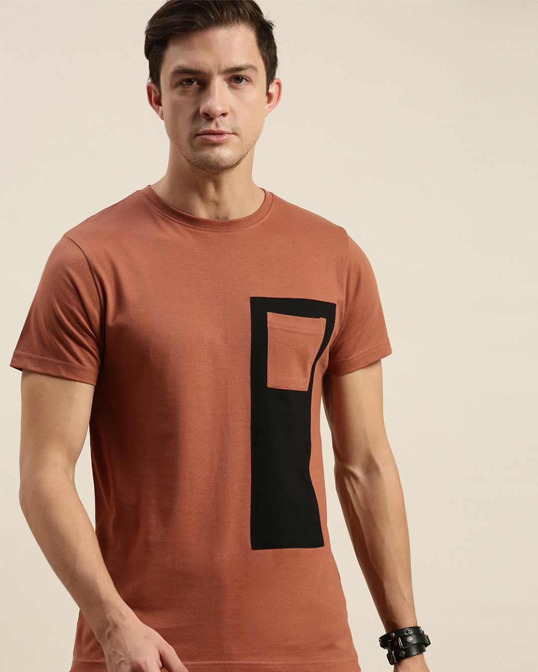 Shop Brown Colourblocked T Shirt64-Front