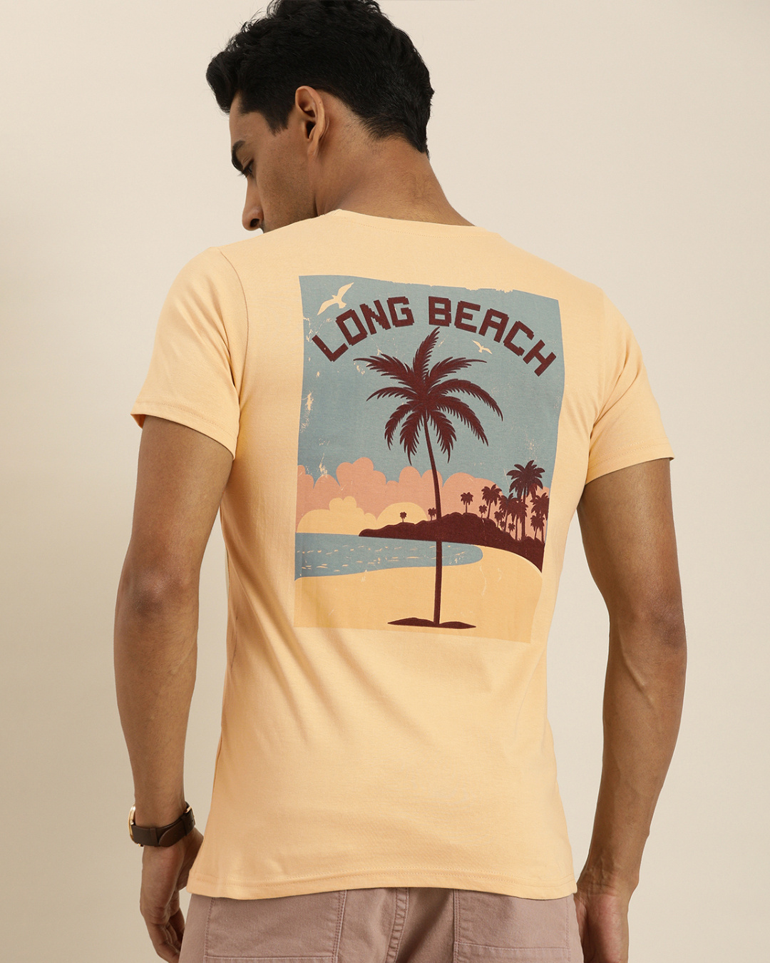 Shop Men's Beige Graphic Printed Slim Fit T-shirt-Back