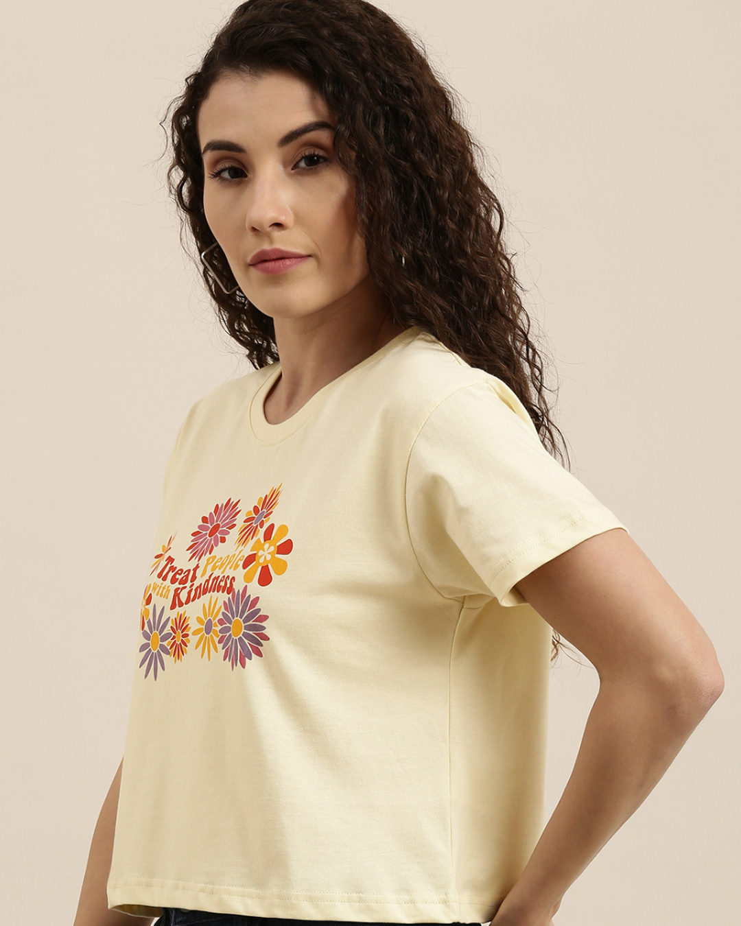 Buy Womens Cream Floral Boxy Fit Crop T Shirt For Women Yellow Online