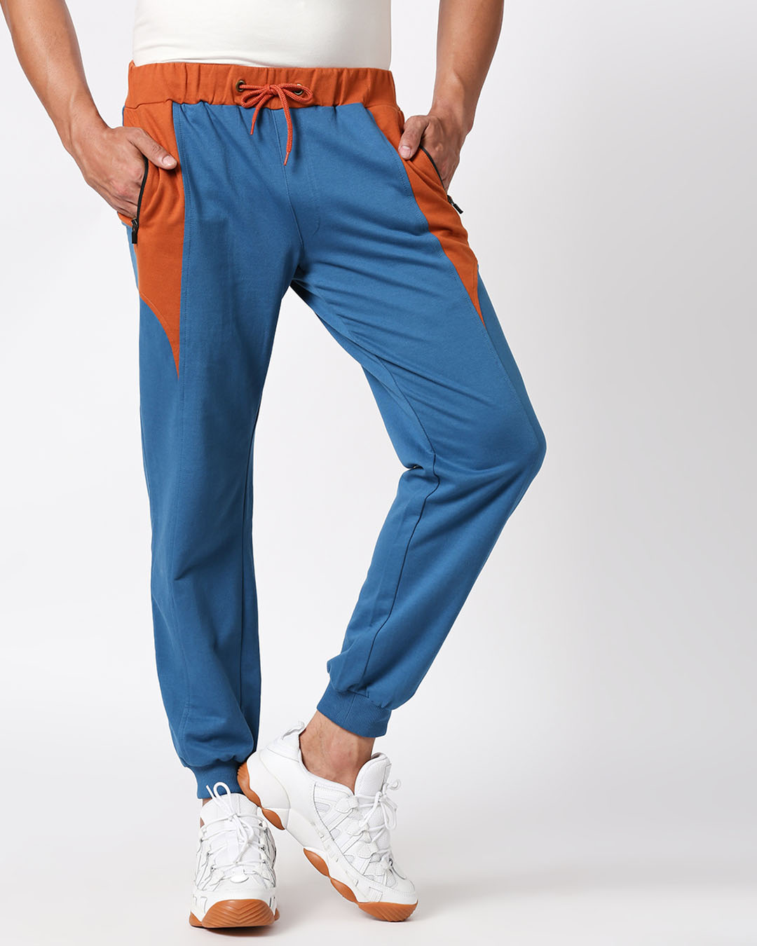 Shop Men's Blue & Orange Color Block Joggers-Back