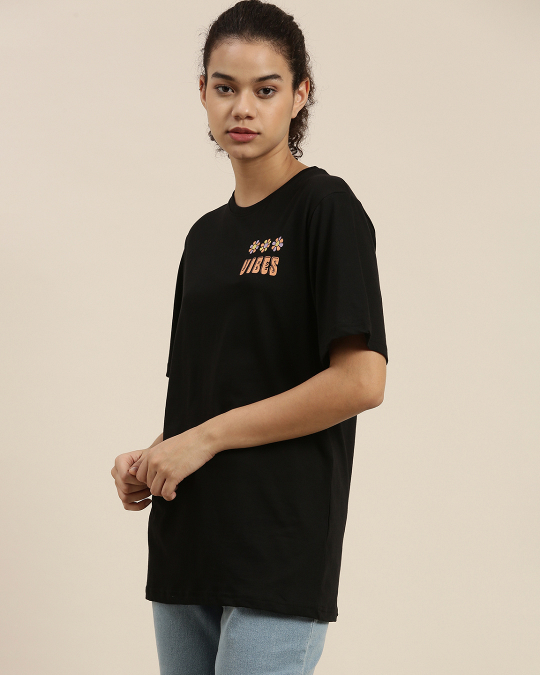 Shop Women's Black Typographic Oversized Fit T Shirt-Back