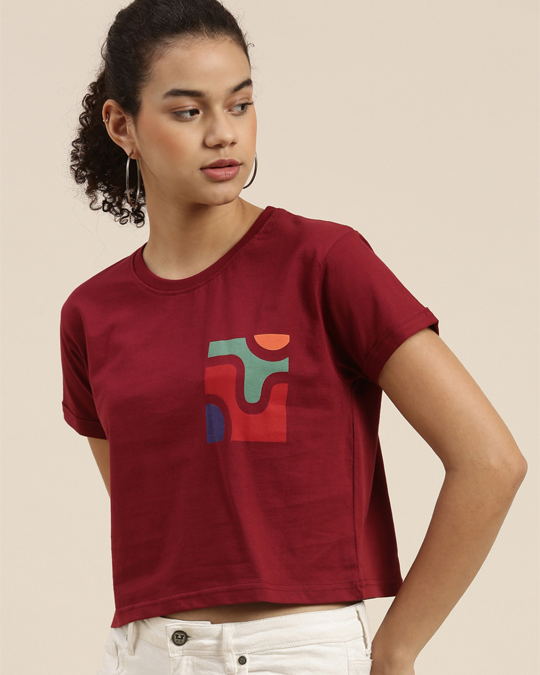 Shop Women's Maroon Graphic Boxy Crop Oversized Fit T Shirt-Back