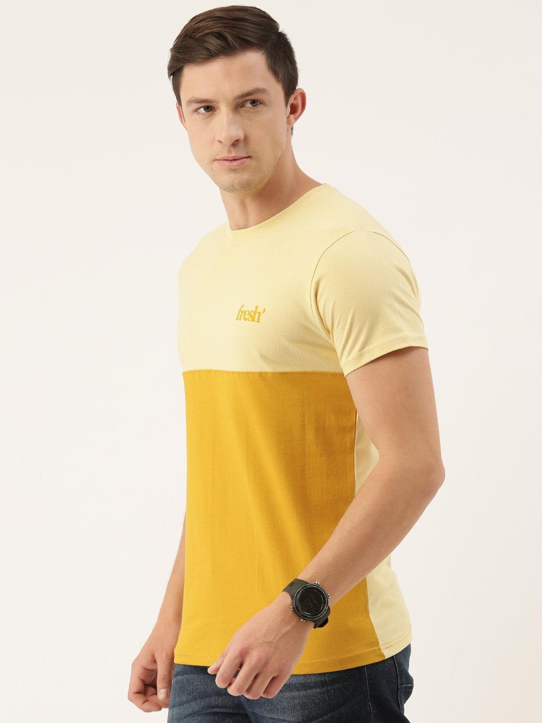 Shop Yellow Colour Block T Shirt-Back