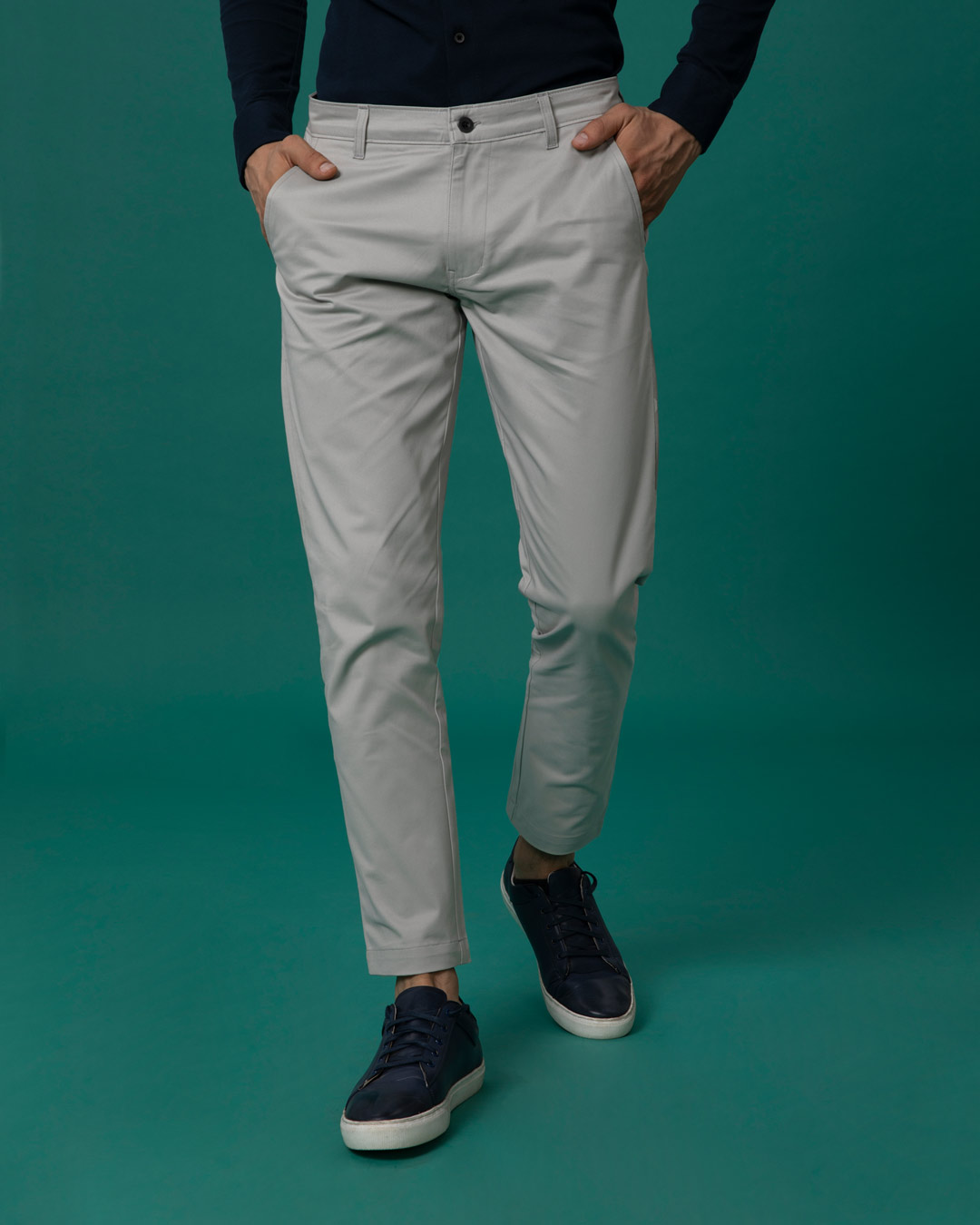 Buy OnlineSpykar Men Light Grey Cotton Slim Fit Ankle Length Plain Trousers