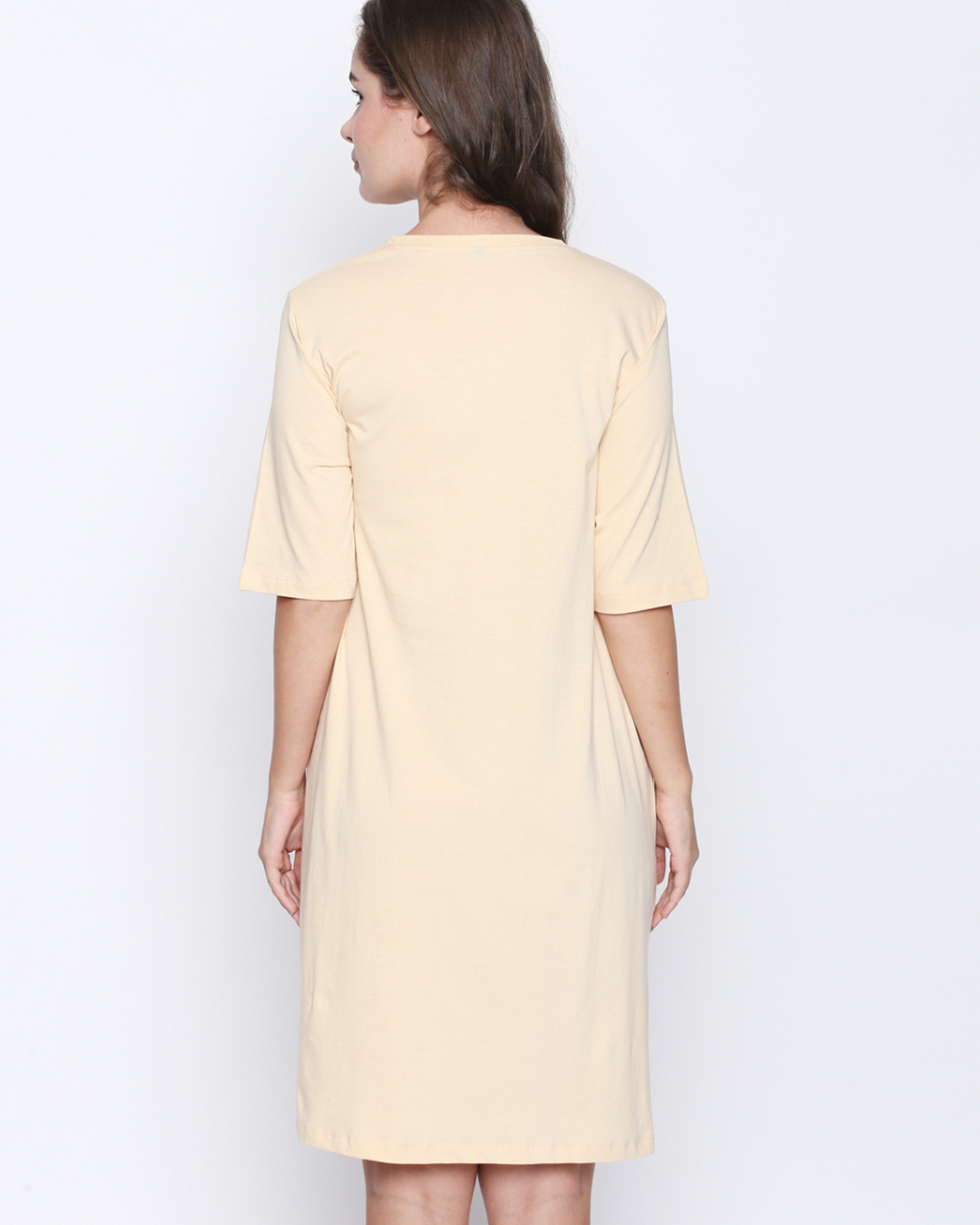 Shop Beige Cotton Animal Print Half Sleeve Dress For Women-Back