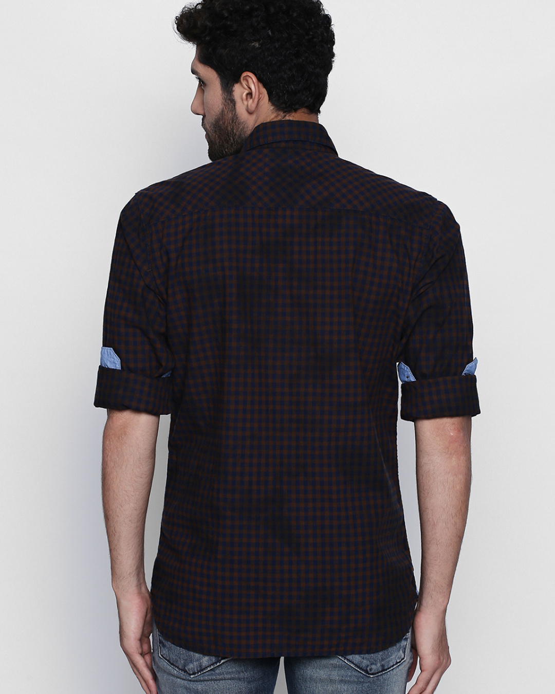 Shop Brown Cotton Fabric Full Sleeve Checkered Shirt For Men-Back
