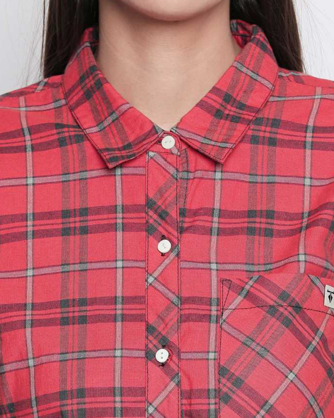 Shop Coral&Navy Cotton Fabric Checkered Regular Fit Shirt For Women-Back