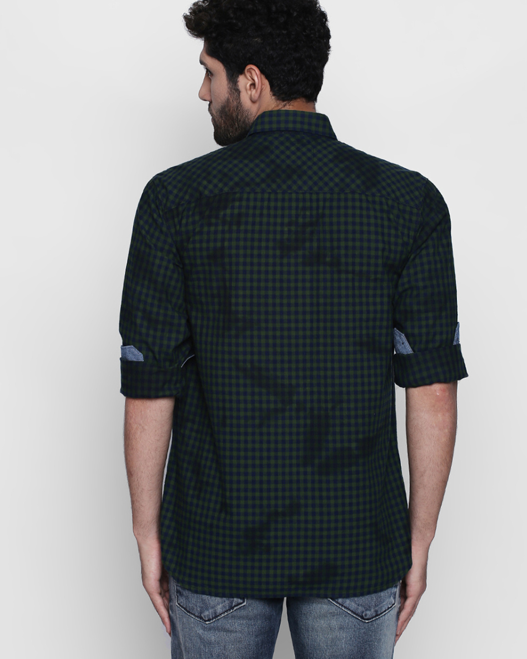 Shop Green Navy Cotton Fabric Full Sleeve Checkered Shirt For Men-Back