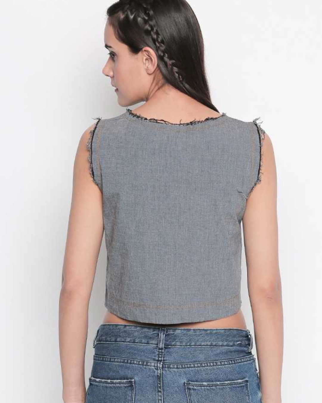 Shop Grey Cotton Fabric Solid Boxy Fit Top For Women-Back