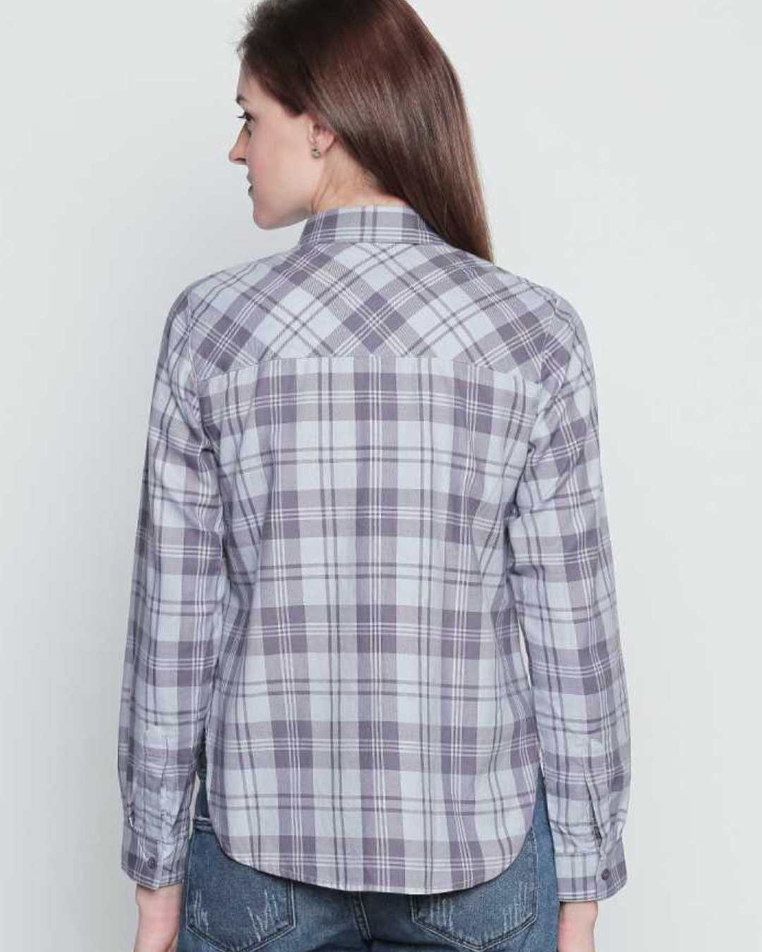 Shop Grey/Purple Cotton Material Checkered Regular Fit Shirt For Women-Back