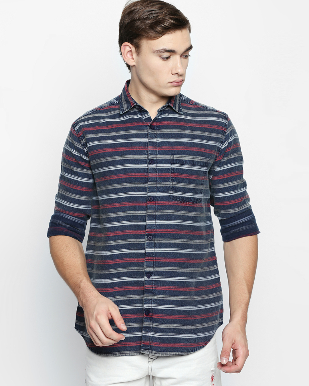 Buy Disrupt Navy-Red Cotton Fabric Full Sleeve Striped Shirt For Men ...