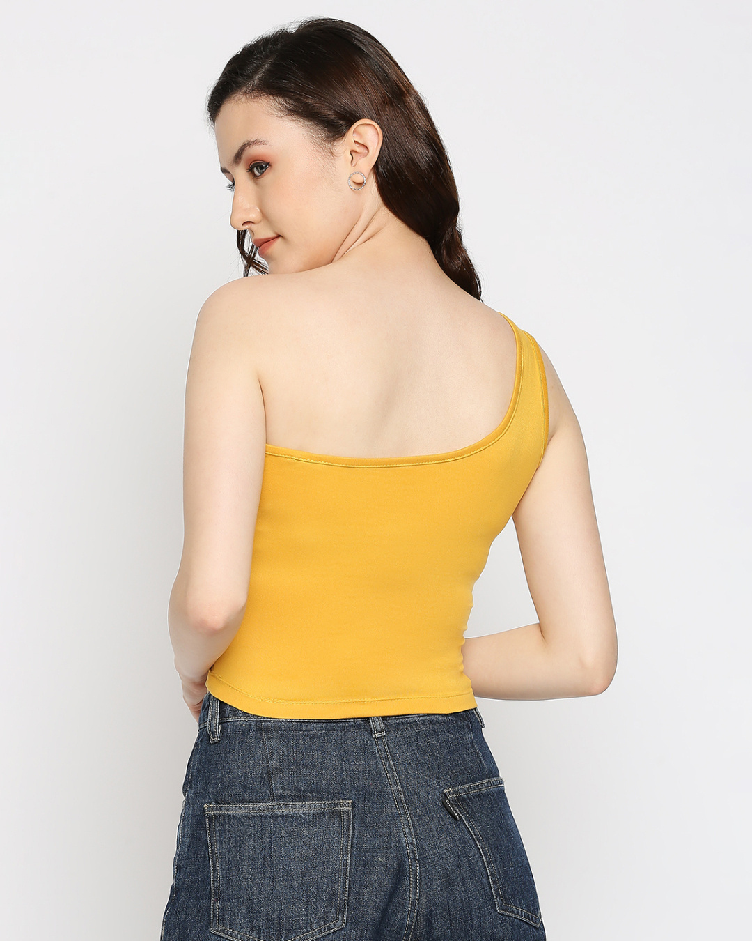 Shop Women's One Shoulder Slim Fit Yellow Top-Back