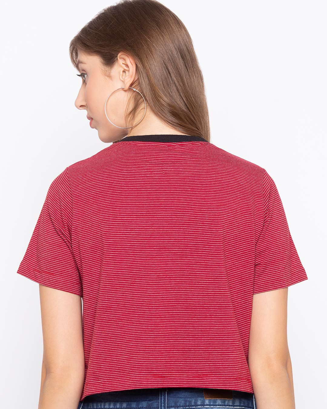 Shop Red Yarn Dyed Stripe Half Sleeve Cropped T Shirt For Womens-Back