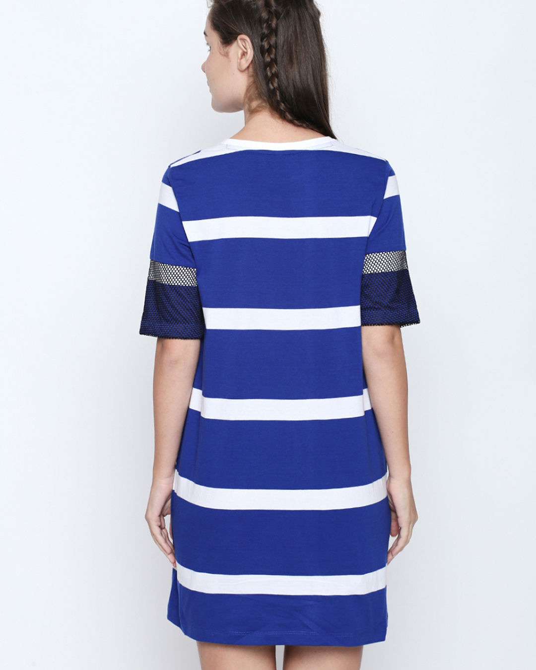 Shop Royal Blue Cotton Striped Half Sleeve Dress For Women-Back