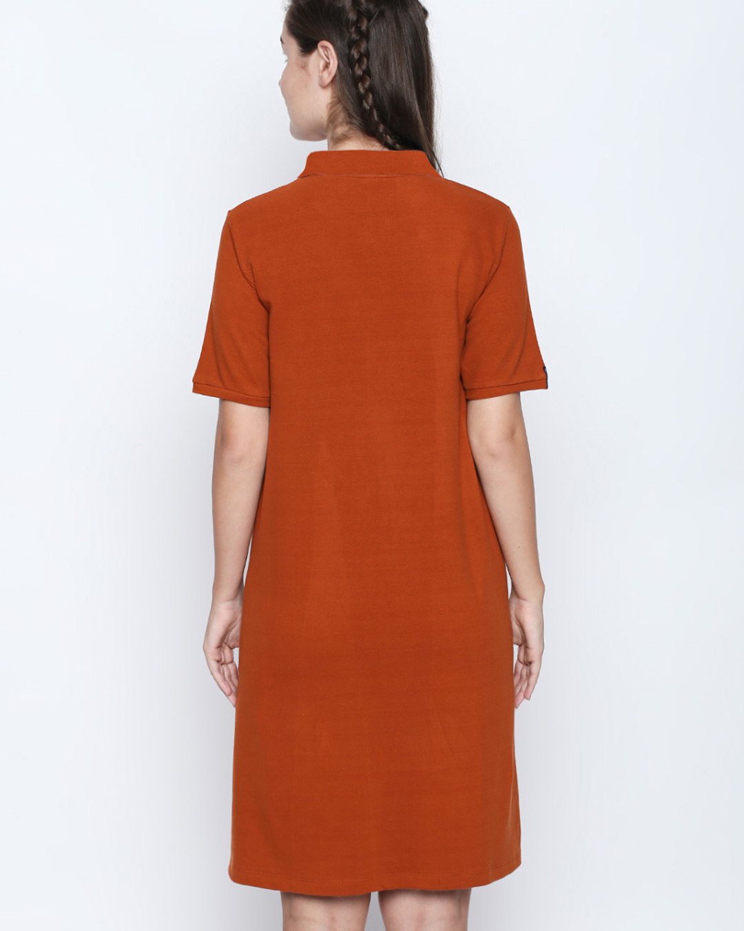 Shop Rust Cotton Embroidered Half Sleeve Polo Dress For Women-Back