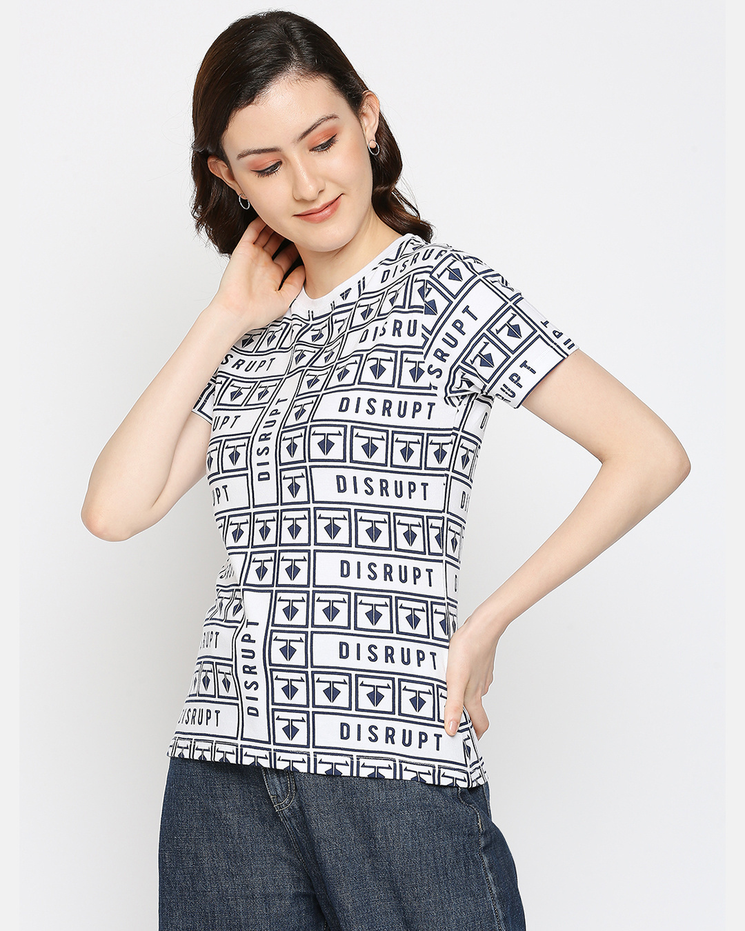 Shop White Cotton Half Sleeve All Over Printed T Shirt For Women-Back