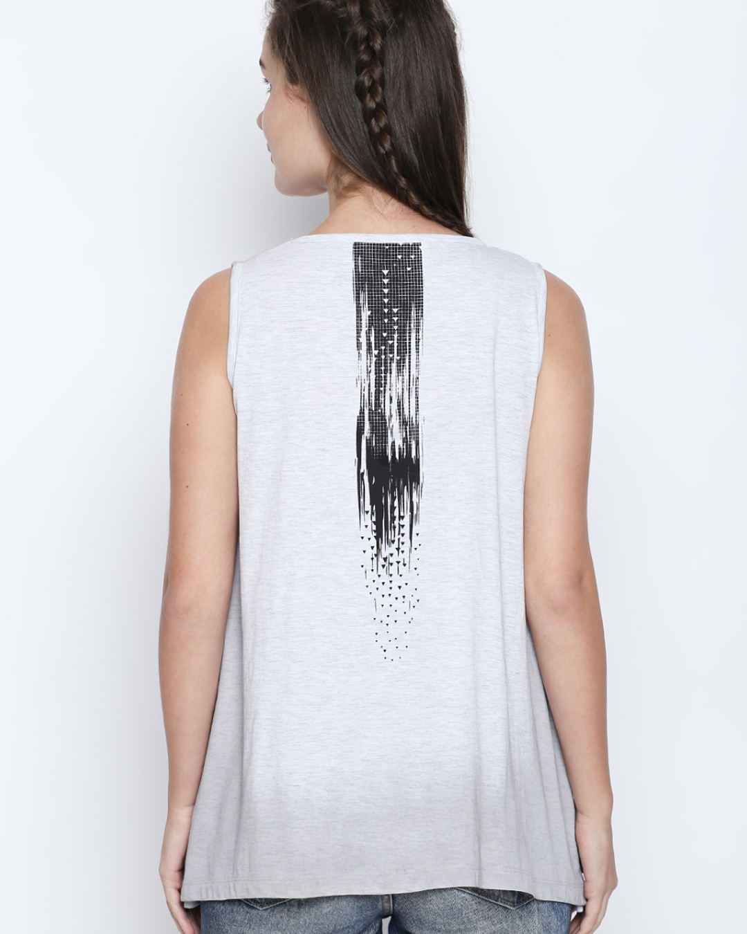 Shop White Melange Cotton Viscose Blend Graphic Print Sleeveless T Shirt For Women-Back