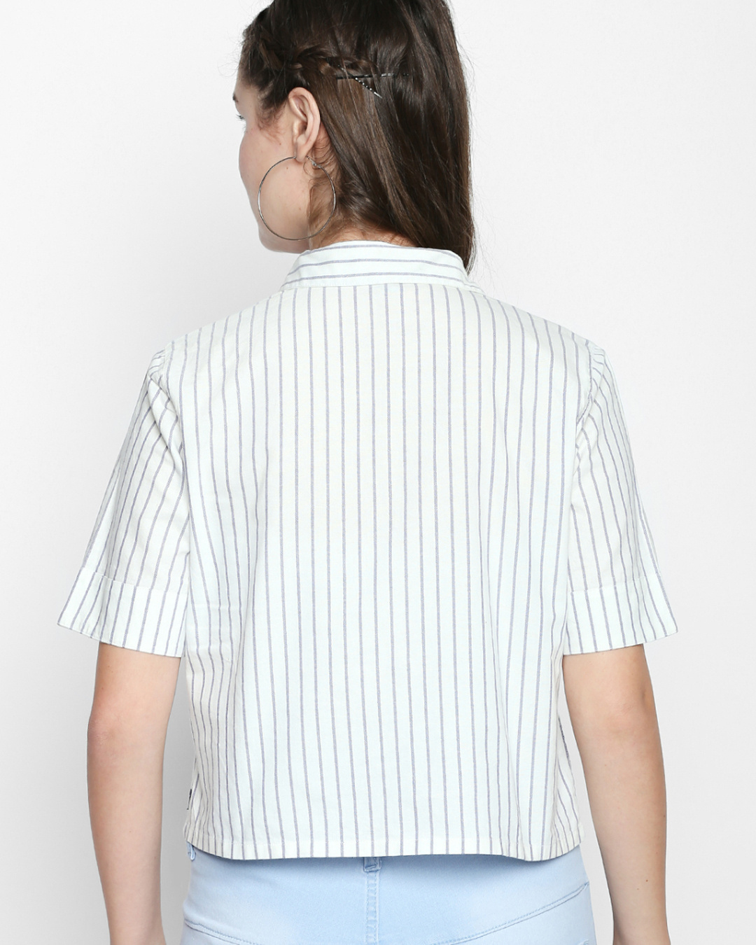 Shop White&Navy Cotton Fabric Striped Regular Fit Shirt For Women-Back