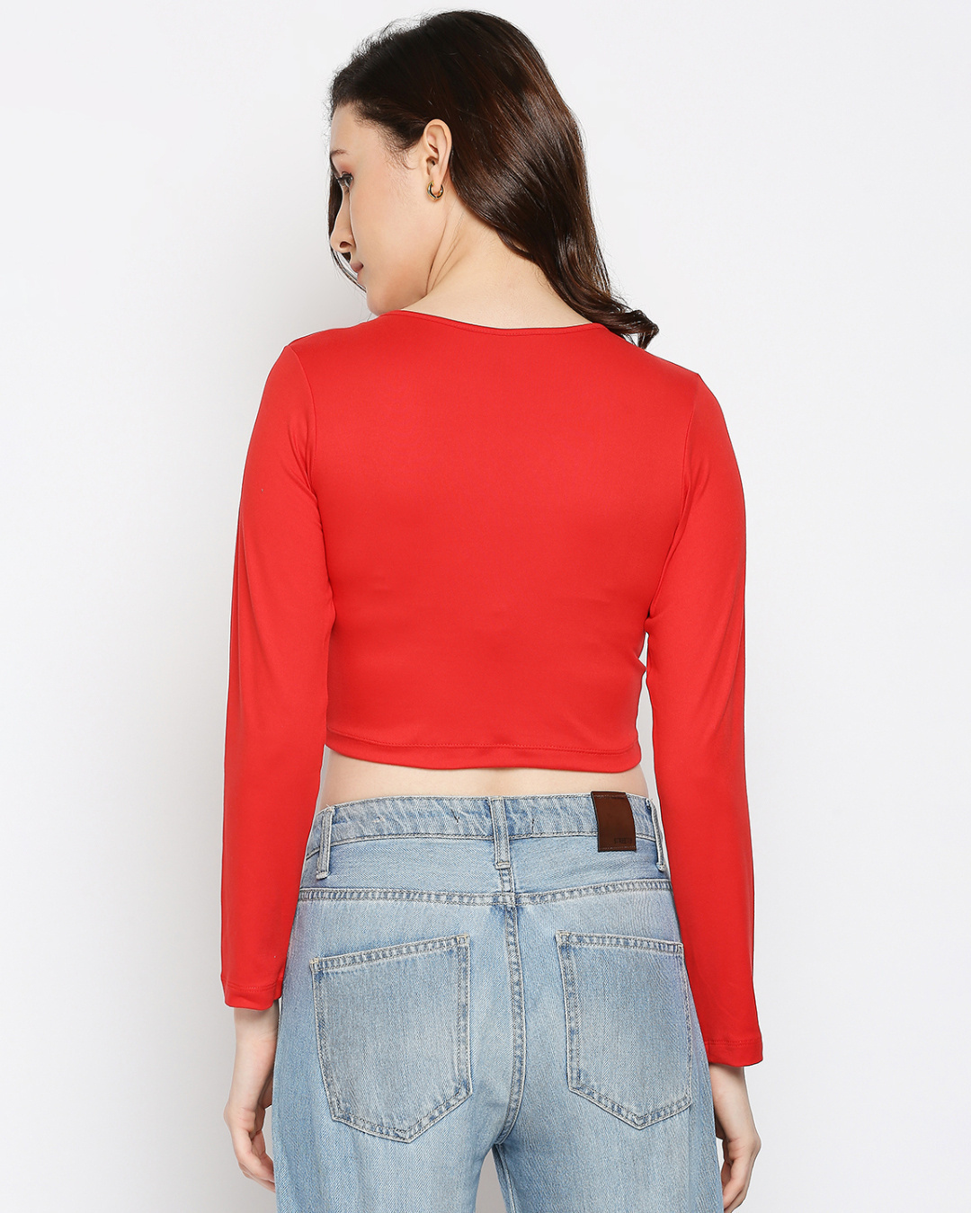 Shop Women's Long Sleeve Solid Red Drawstring Crop Top-Back