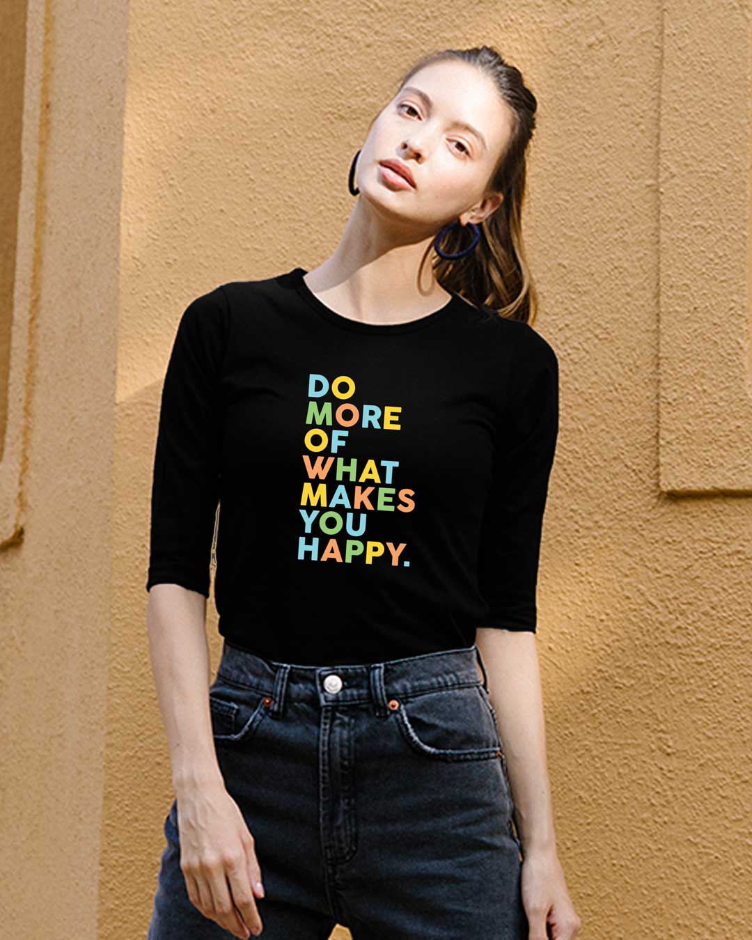 

Do More Of Round Neck 3/4 Sleeve T-Shirts Black Women' Printed Round Neck 3/4 Sleeve T-Shirts Bewakoof.com