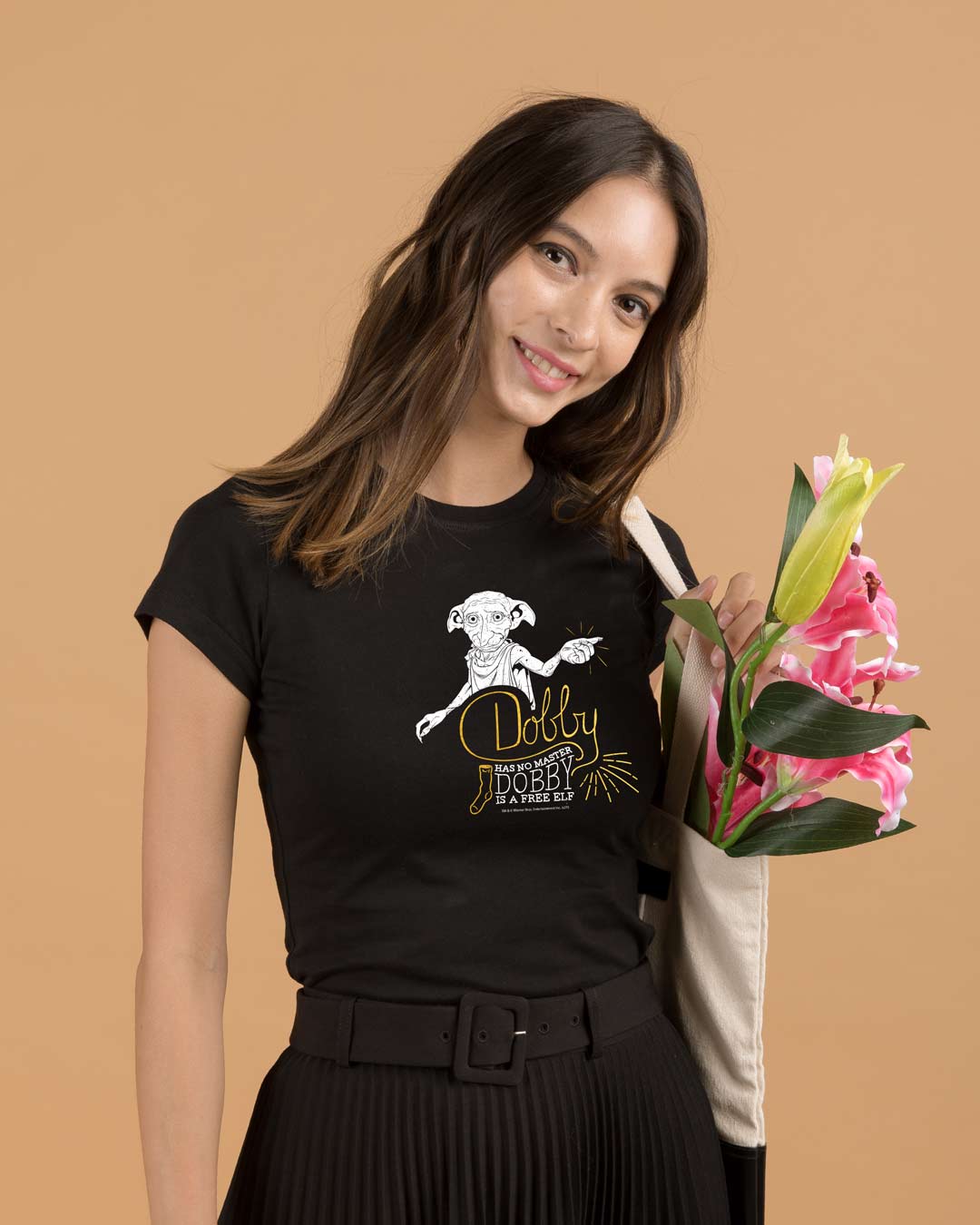 Shop Dobby Half Sleeve Printed T-Shirt Black (HPL) (Gold Print)-Back