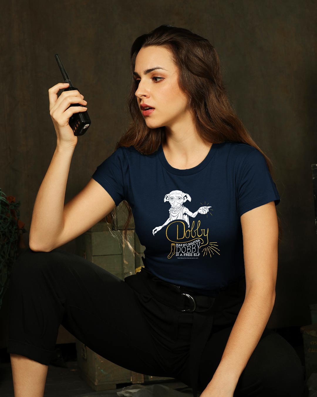 Shop Dobby Half Sleeve Printed T-Shirt Navy Blue (HPL) (Gold Print)-Back