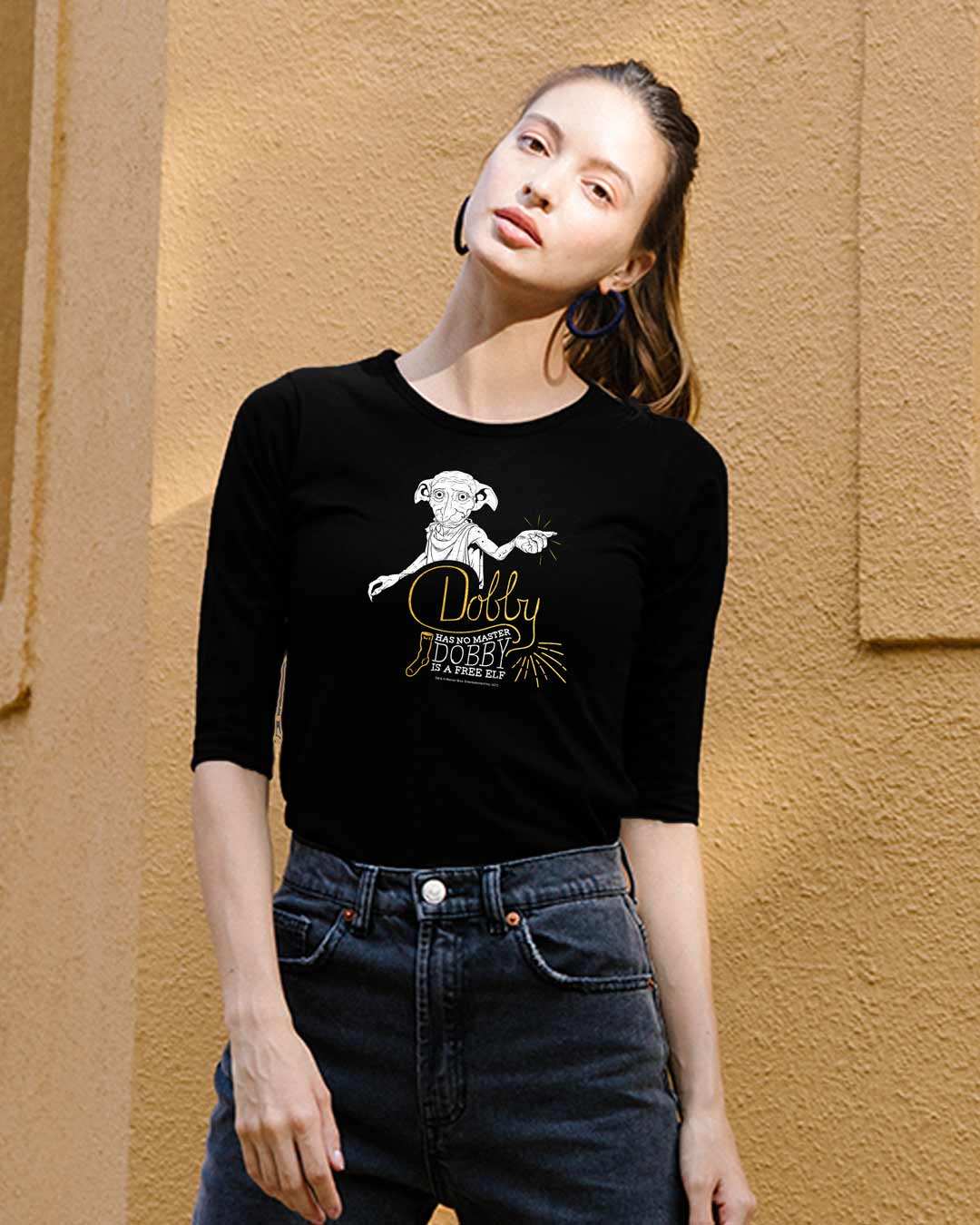 Shop Dobby Round Neck 3/4 Sleeve T-Shirt Black (HPL) (Gold Print)-Back