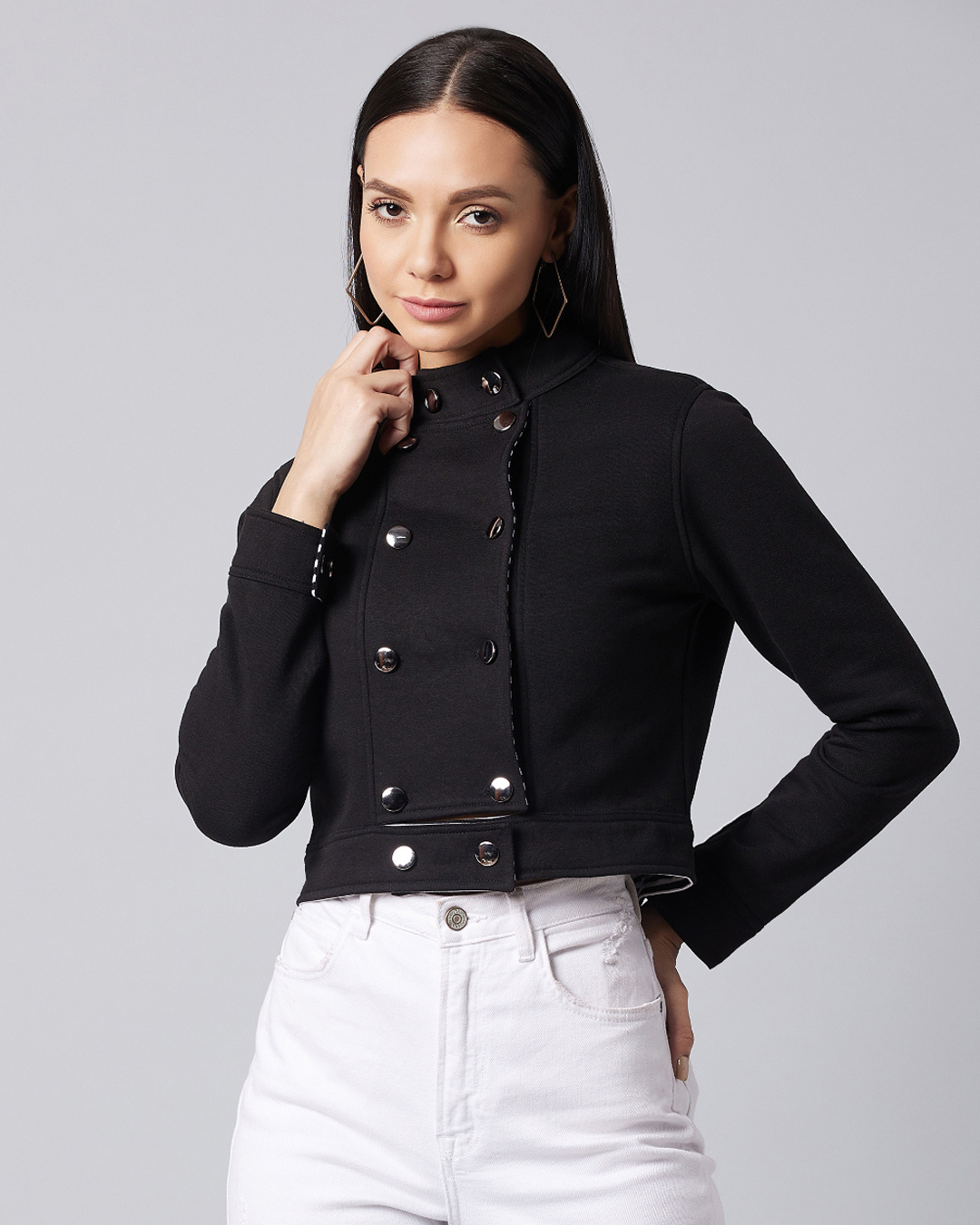 Buy DOLCE CRUDO Women's Black Leave The Door Open Snapped Jacket for