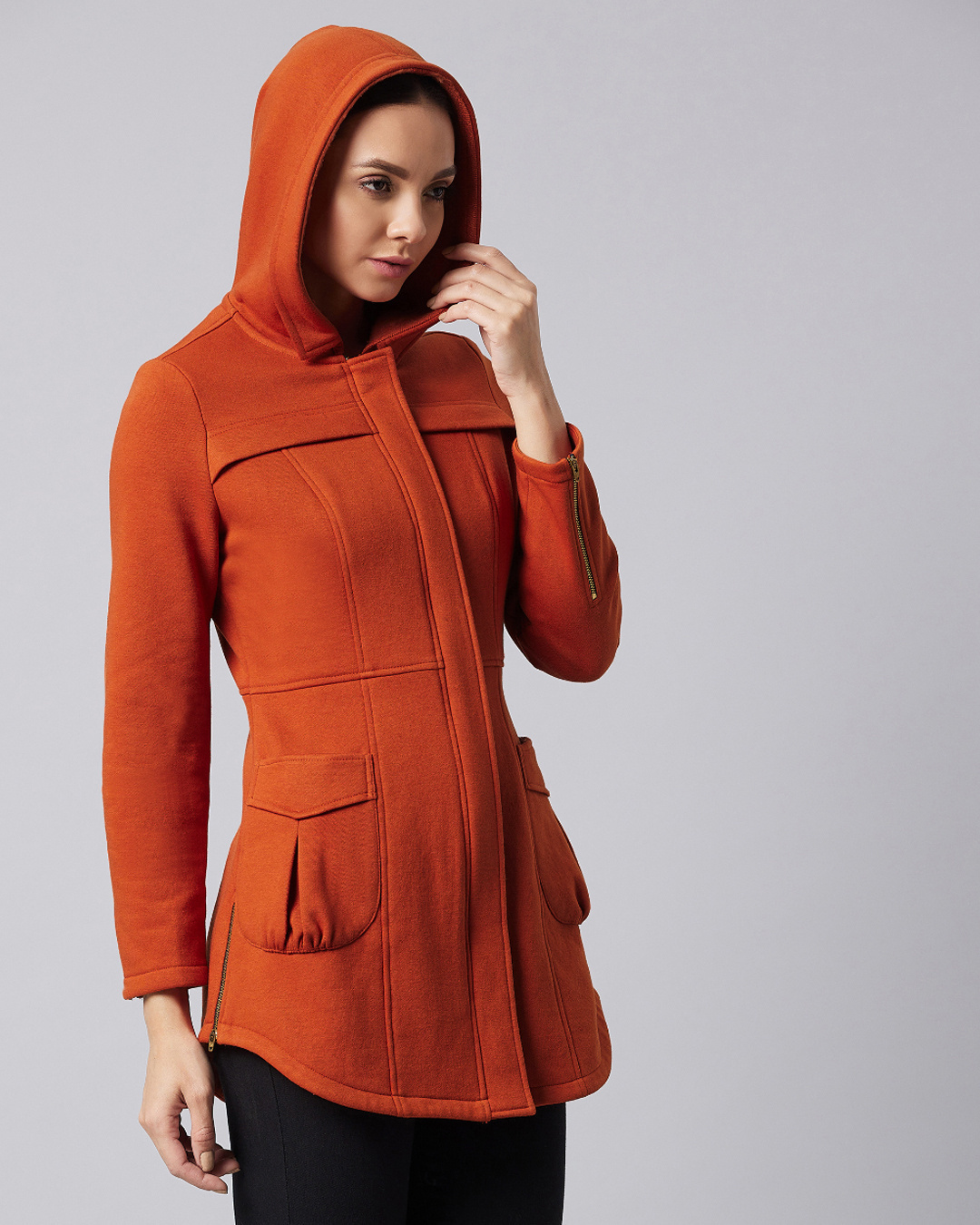 Shop Women's Orange Double Standard Wide Collared Long Jacket-Back