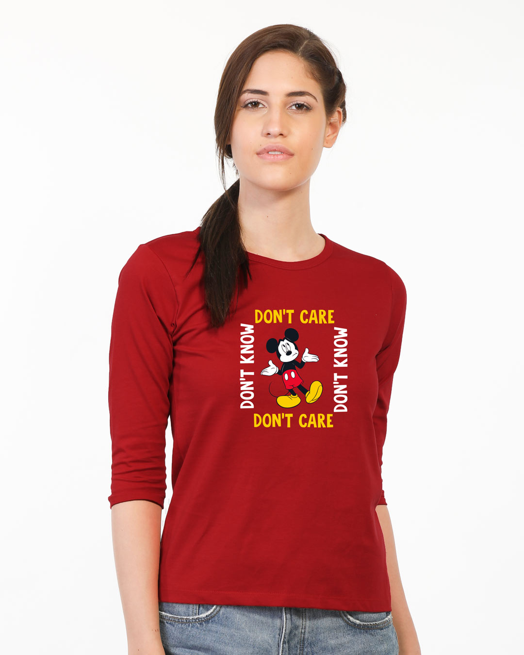 Shop Don't Care Mickey Round Neck 3/4 Sleeve T-Shirt (DL) Bold Red-Back