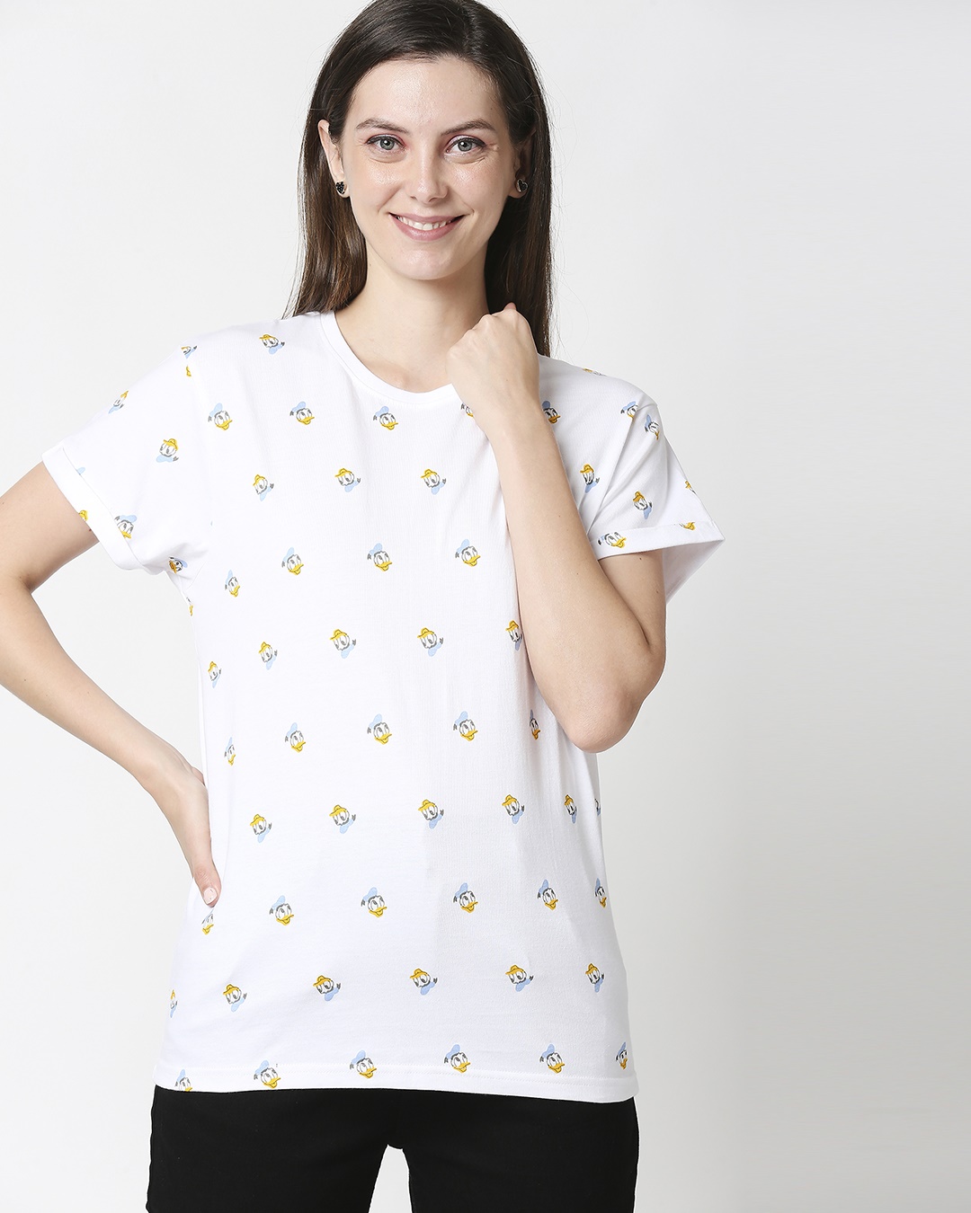 Shop Women's White Donald Duck AOP Boyfriend T-shirt-Back