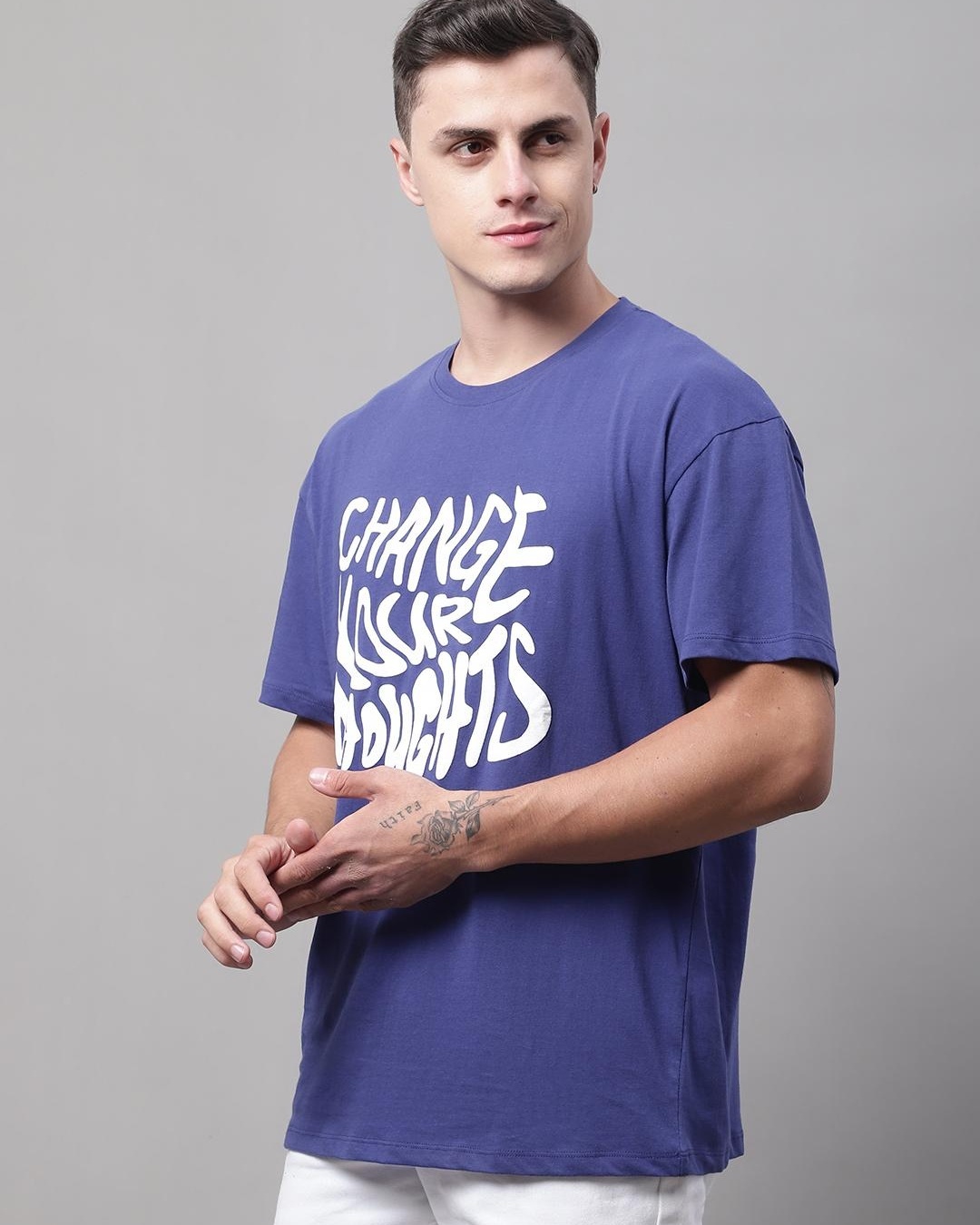 Shop Men's Blue Change Thoughts Typography Super Loose Fit T-shirt-Back