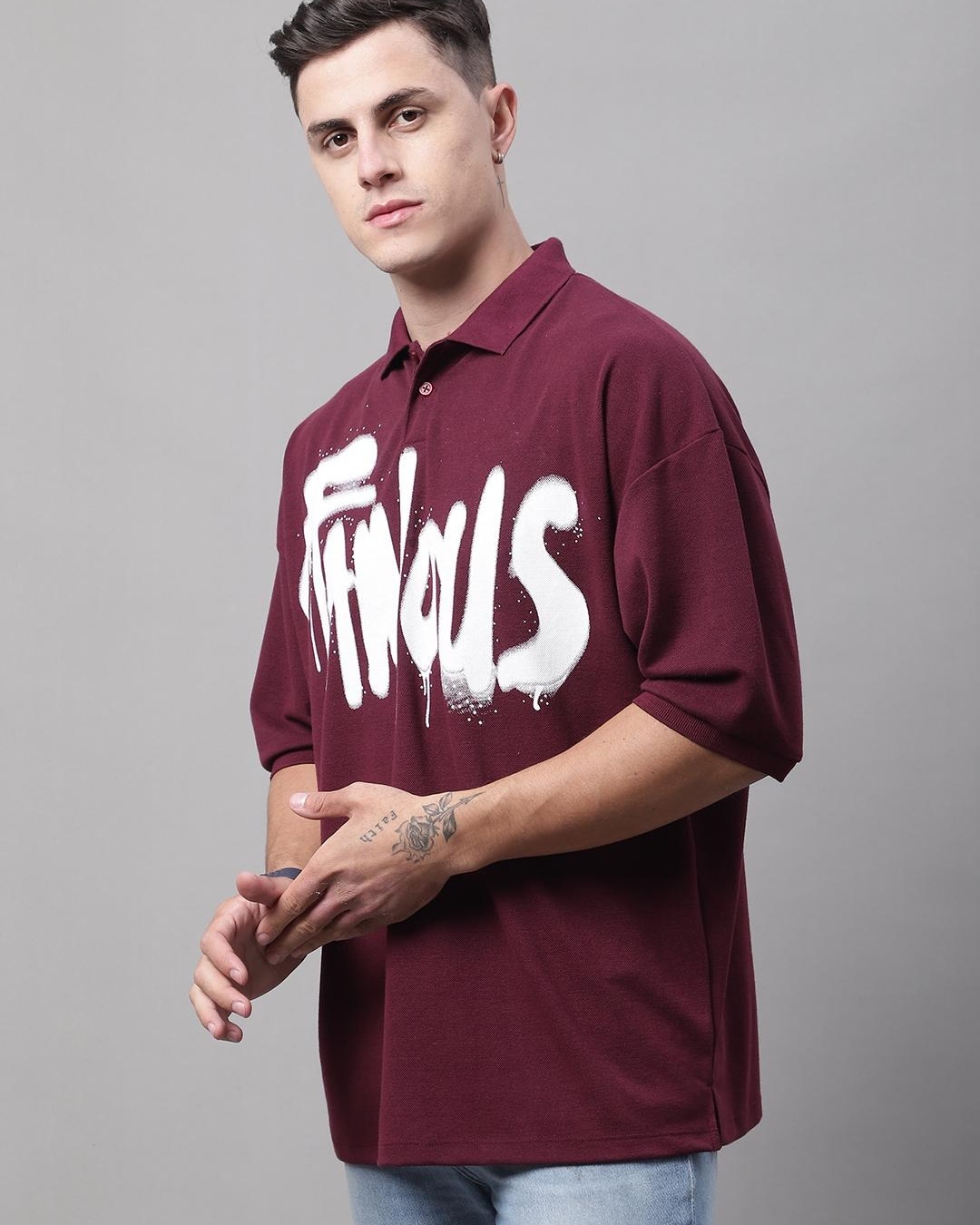 Shop Men's Maroon Famous Typography Super Loose Fit Polo T-shirt-Back