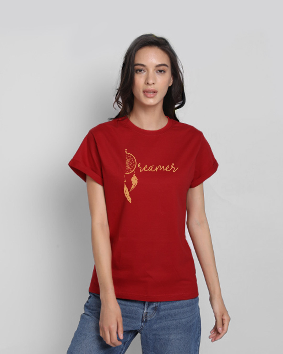 Shop Dreamer Feathers Boyfriend T-Shirt Bold Red-Back