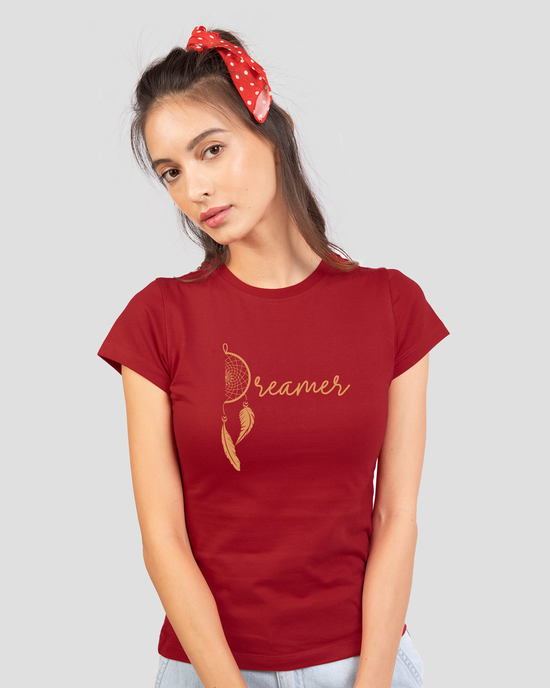 Shop Dreamer Feathers Half Sleeve Printed T-Shirt Bold Red-Back