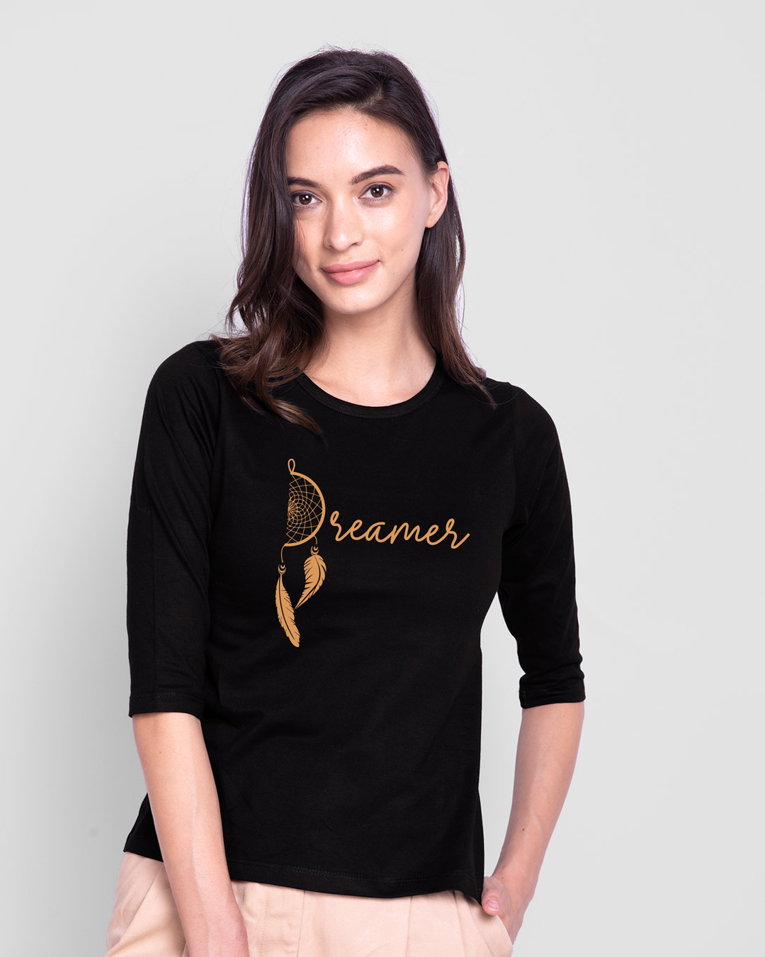 Shop Dreamer Feathers Round Neck 3/4 Sleeve T-Shirts Black-Back