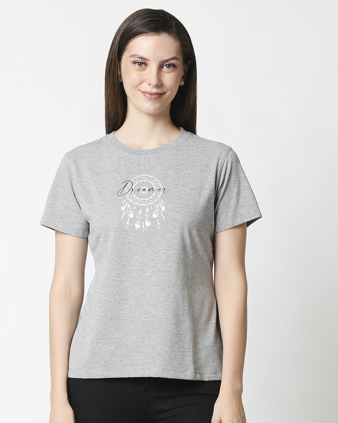 Shop Women's Grey Dreamer Leaves Graphic Printed Relaxed Fit Lounge T-shirt-Back