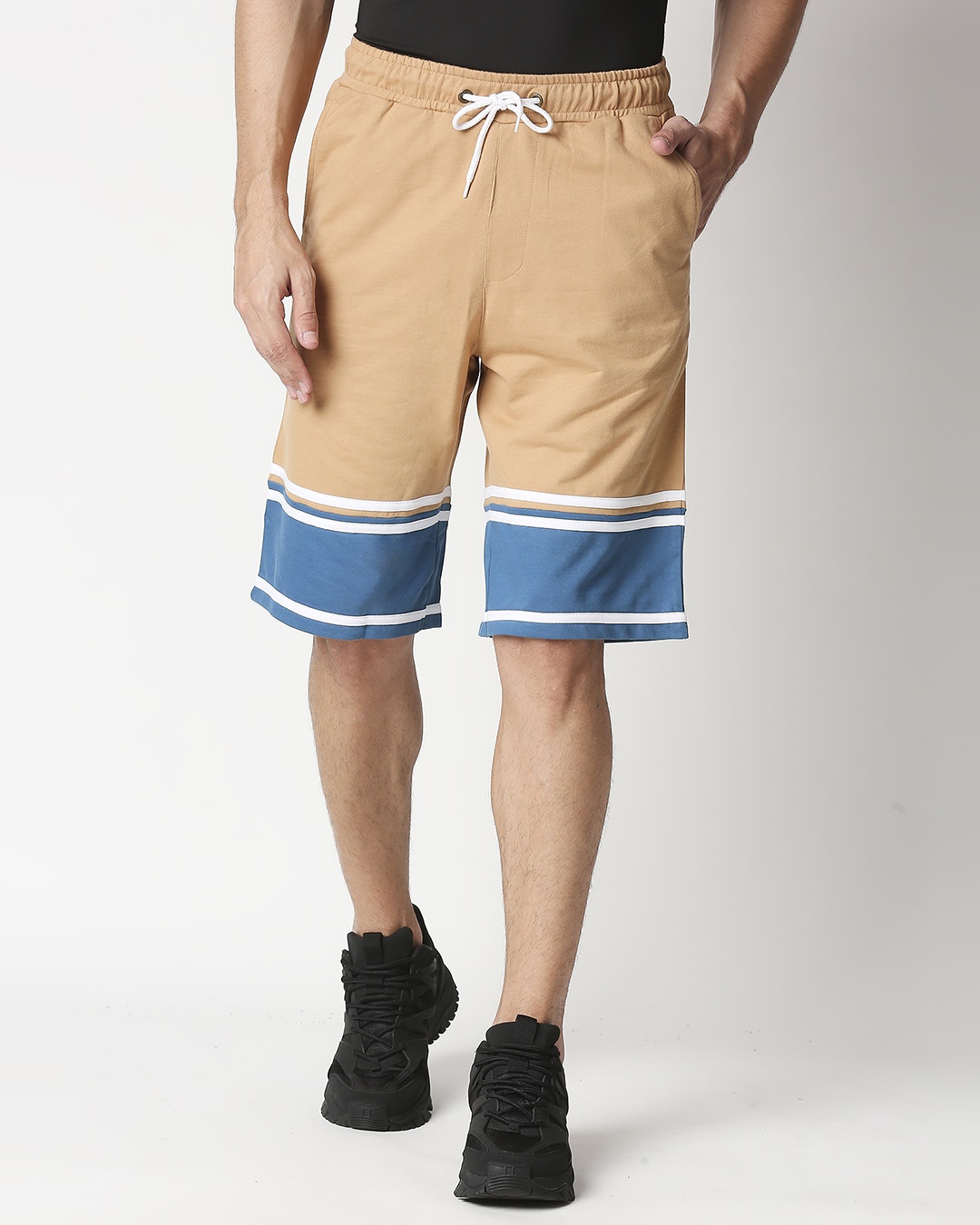 Shop Dusty Beige Men's Terry Color Block Shorts-Back