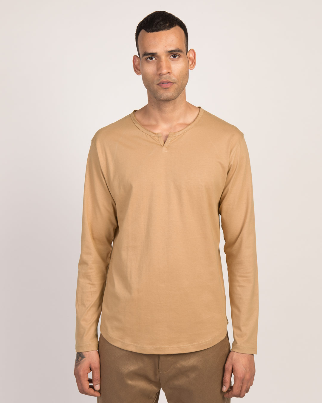 Buy Pastel Beige Slit Neck Full Sleeve Henley T-Shirt for Men brown ...