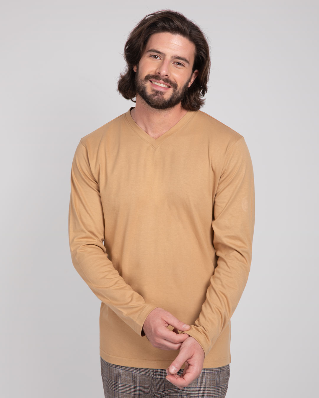 Buy Dusky Beige Plain V-Neck Full Sleeves T-Shirt For Men Online India ...