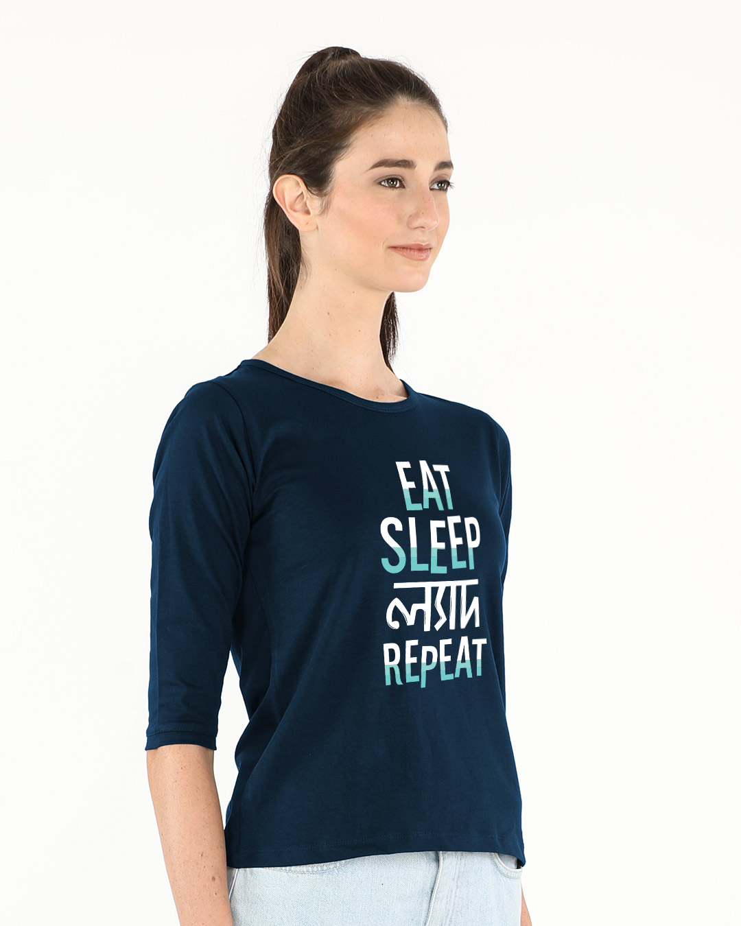 Shop Eat Sleep Lyadh Repeat Round Neck 3/4th Sleeve T-Shirt-Back