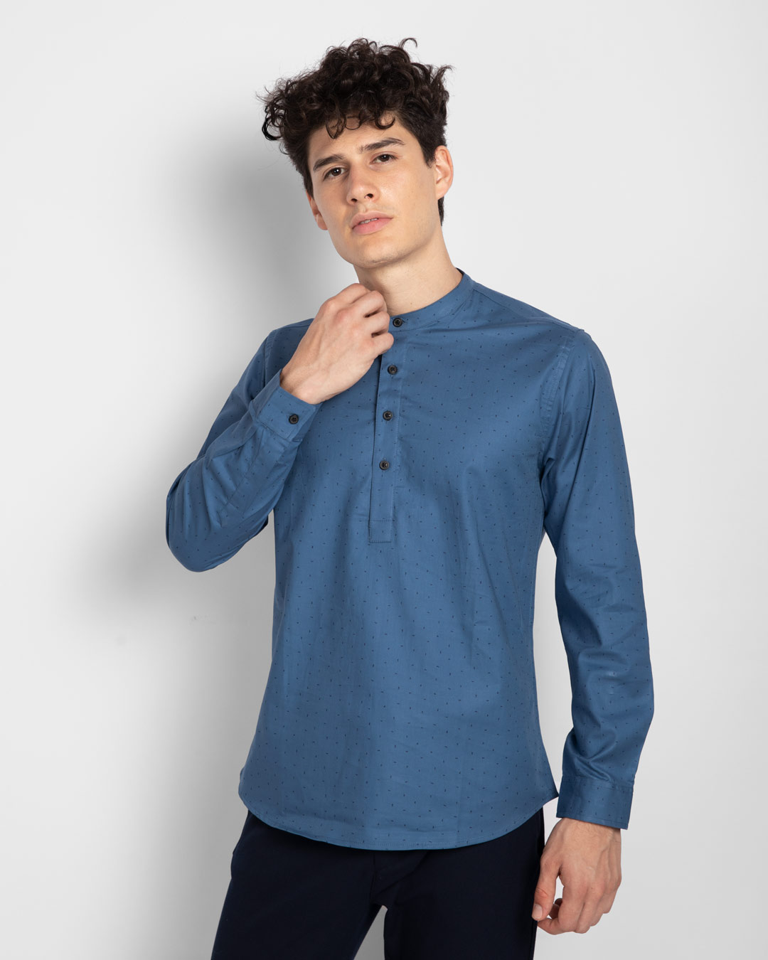 Shop Egyptian Blue  Slim Fit Printed Henley Shirt-Back