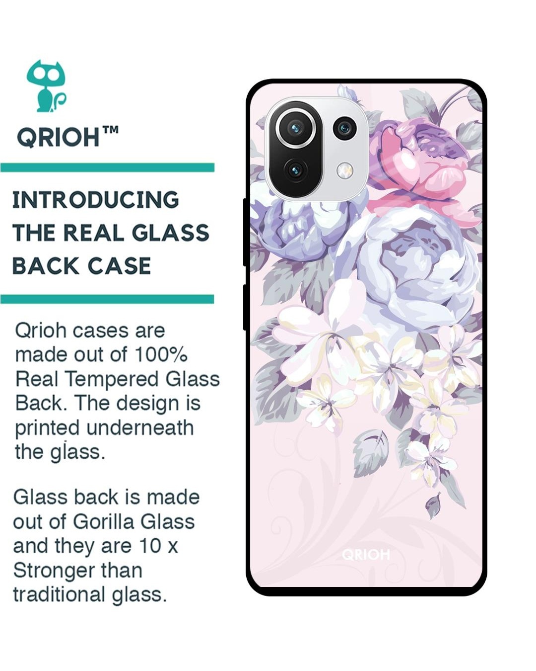 Shop Elegant Floral Printed Premium Glass Cover For Mi 11 Lite NE 5G (Shockproof, Light Weight)-Back