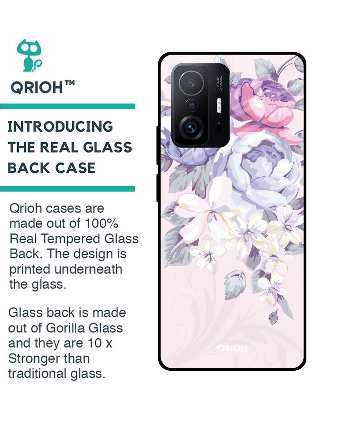 Shop Elegant Floral Printed Premium Glass Cover for Mi 11T Pro 5G (Shock Proof, Lightweight)-Back