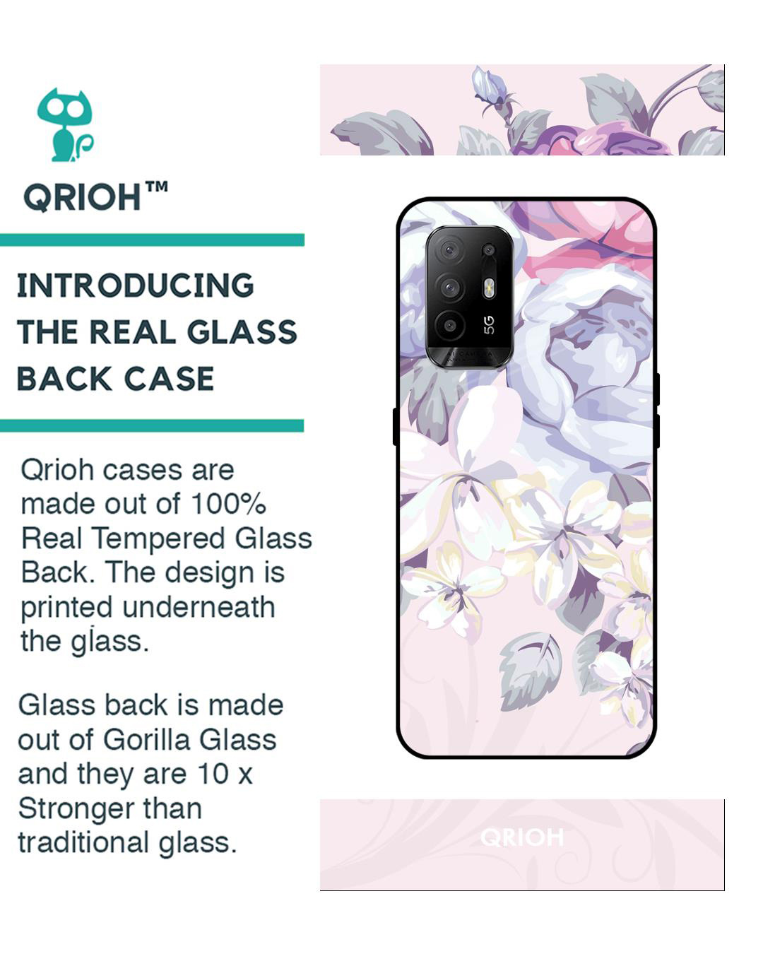 Shop Elegant Floral Printed Premium Glass Cover for Oppo F19 Pro Plus (Shock Proof, Lightweight)-Back
